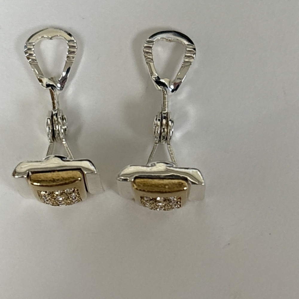 Vintage Monet Gold/Silver Tone Clip On Earrings, Cubic Zirconia, Signed, - Picture 3 of 6